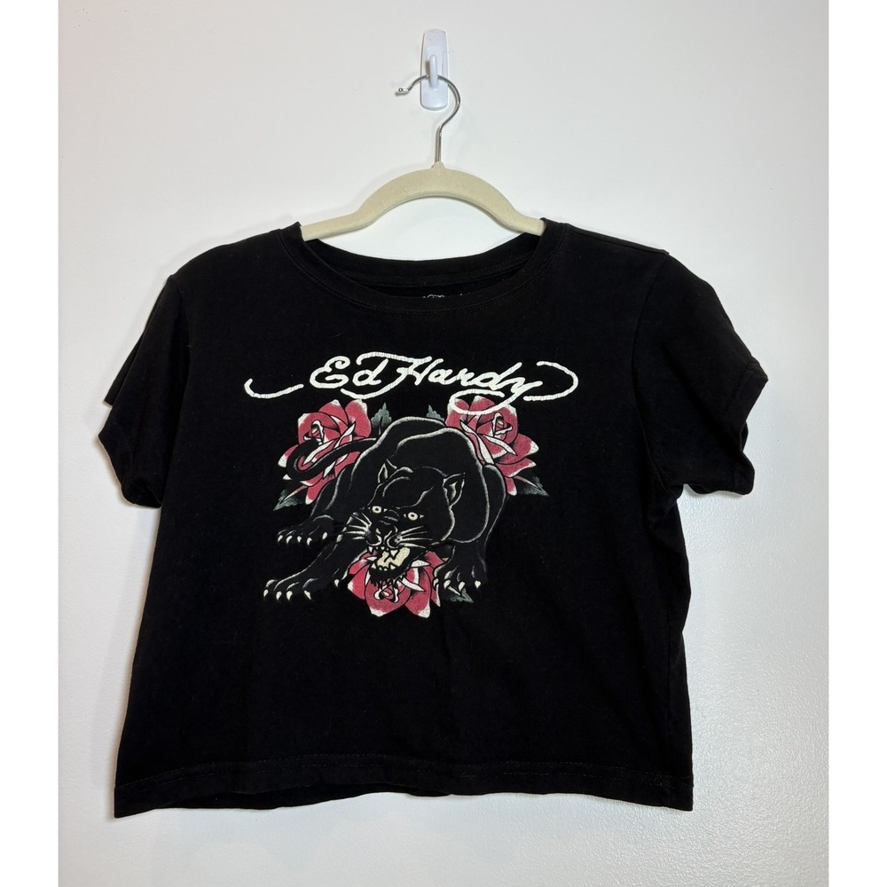 Ed Hardy Black Panther Rose Graphic Crop Top Baby Tee Women XL Y2K Grunger 2000s